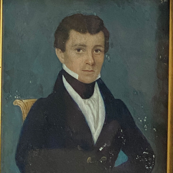 American School Folk Art Miniature Watercolor Painting, Portrait of a Gentleman