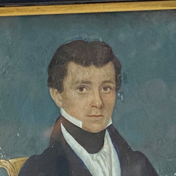 American School Folk Art Miniature Watercolor Painting, Portrait of a Gentleman