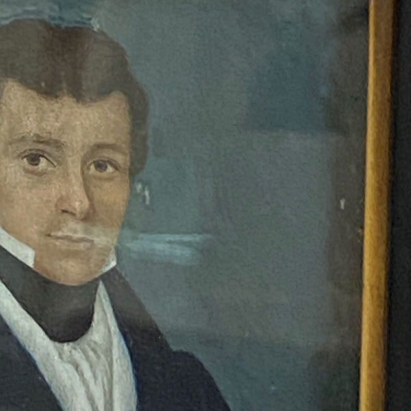 American School Folk Art Miniature Watercolor Painting, Portrait of a Gentleman