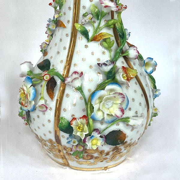 Pair of English Porcelain Floral Encrusted Bottle Vases