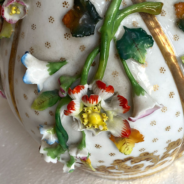 Pair of English Porcelain Floral Encrusted Bottle Vases