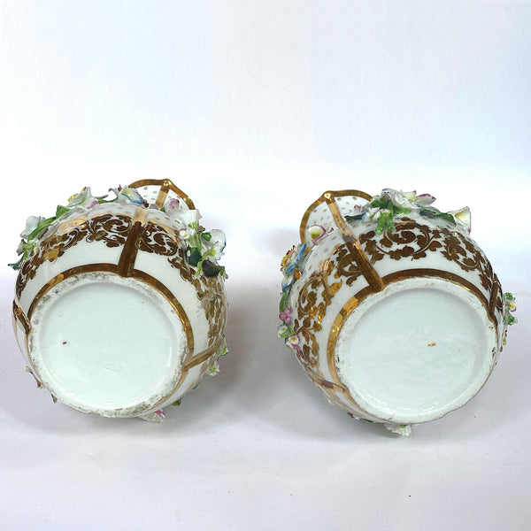 Pair of English Porcelain Floral Encrusted Bottle Vases