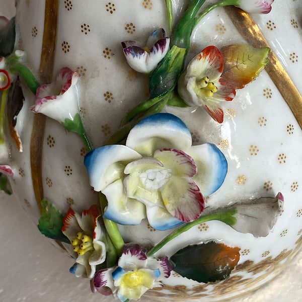 Pair of English Porcelain Floral Encrusted Bottle Vases