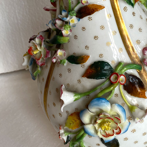 Pair of English Porcelain Floral Encrusted Bottle Vases
