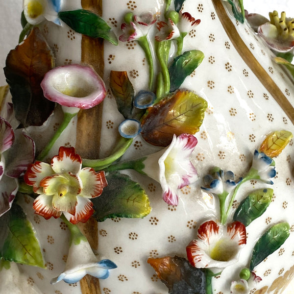 Pair of English Porcelain Floral Encrusted Bottle Vases
