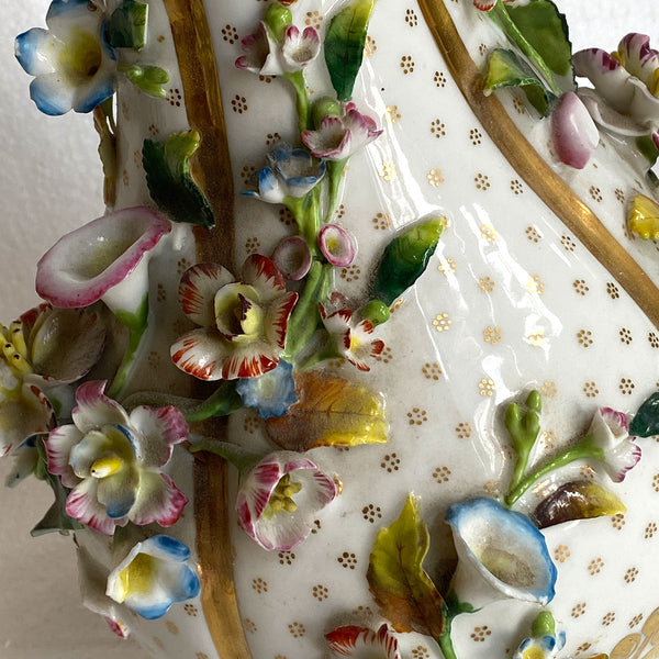 Pair of English Porcelain Floral Encrusted Bottle Vases