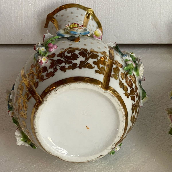 Pair of English Porcelain Floral Encrusted Bottle Vases