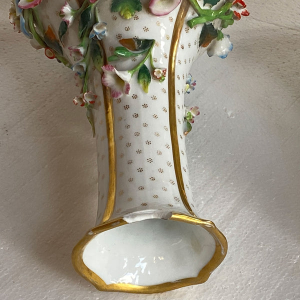 Pair of English Porcelain Floral Encrusted Bottle Vases