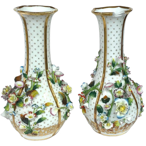 Pair of English Porcelain Floral Encrusted Bottle Vases