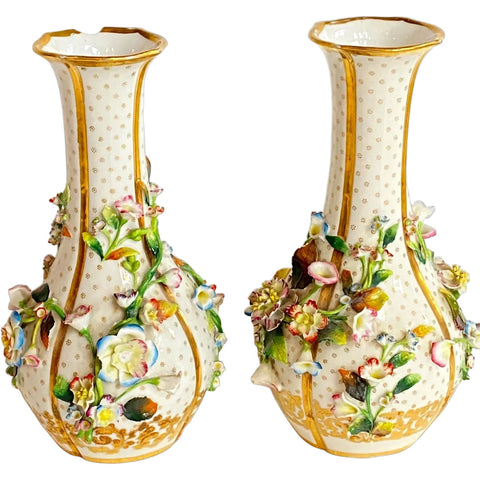 Pair of English Porcelain Floral Encrusted Bottle Vases