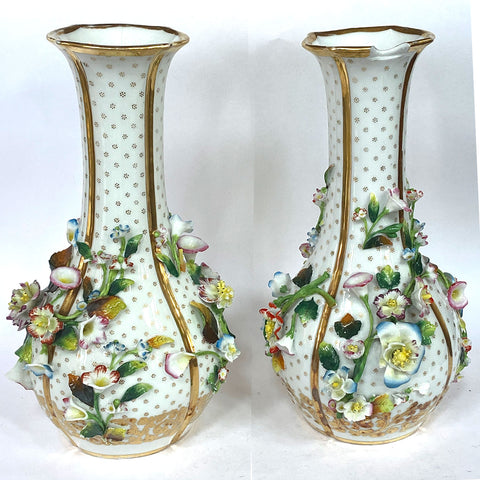 Pair of English Porcelain Floral Encrusted Bottle Vases