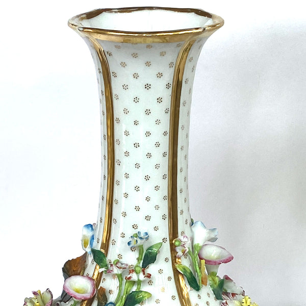 Pair of English Porcelain Floral Encrusted Bottle Vases