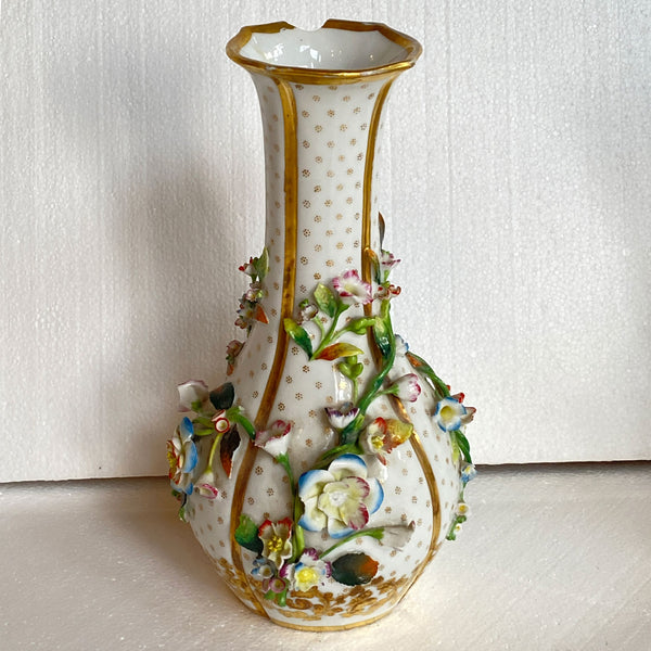 Pair of English Porcelain Floral Encrusted Bottle Vases