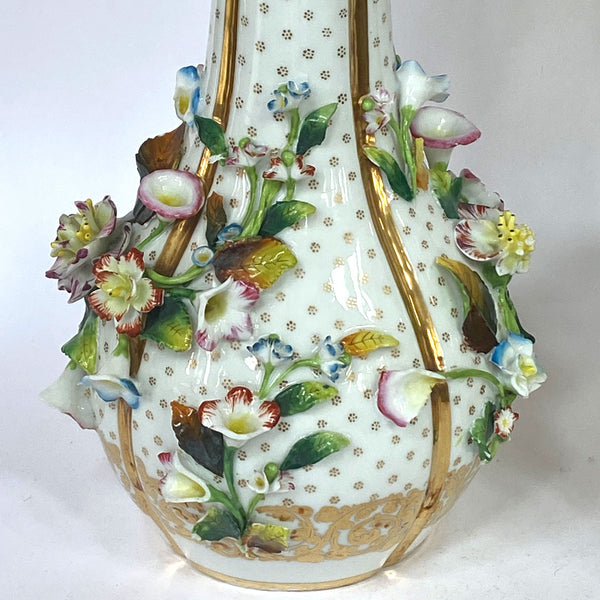 Pair of English Porcelain Floral Encrusted Bottle Vases