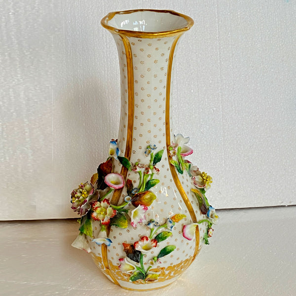 Pair of English Porcelain Floral Encrusted Bottle Vases
