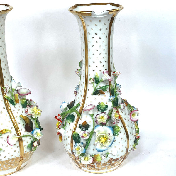 Pair of English Porcelain Floral Encrusted Bottle Vases