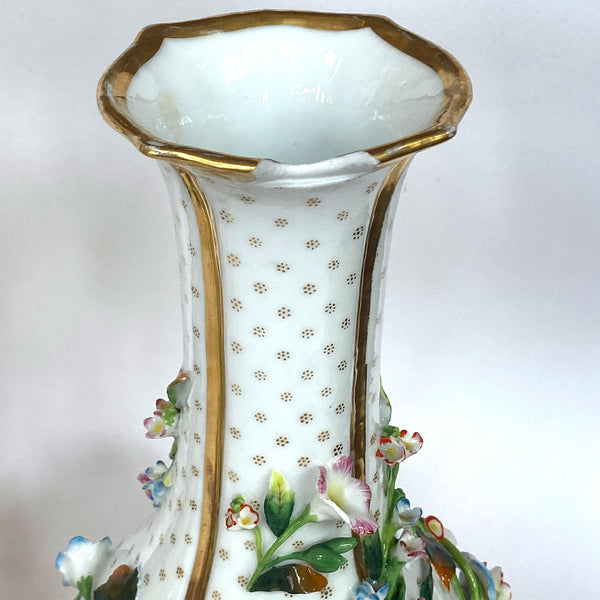 Pair of English Porcelain Floral Encrusted Bottle Vases