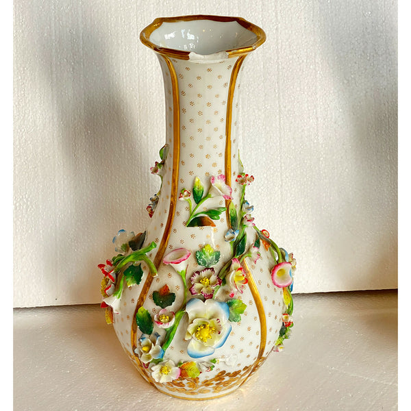 Pair of English Porcelain Floral Encrusted Bottle Vases
