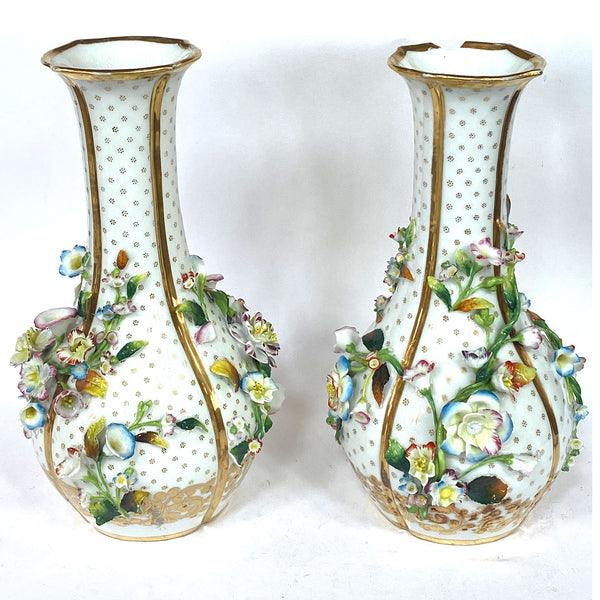 Pair of English Porcelain Floral Encrusted Bottle Vases