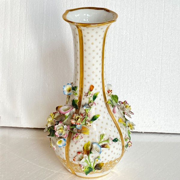 Pair of English Porcelain Floral Encrusted Bottle Vases