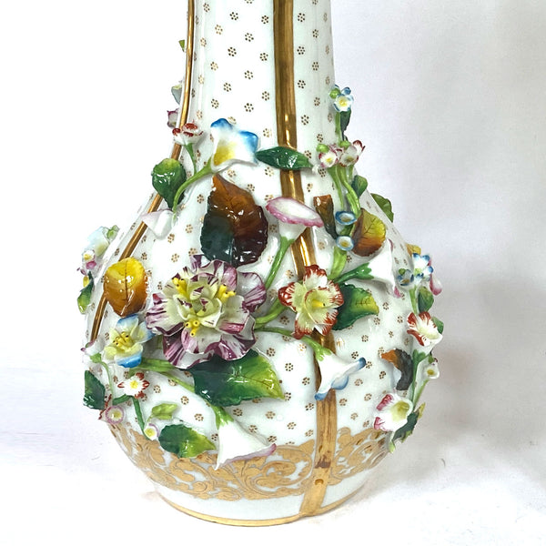 Pair of English Porcelain Floral Encrusted Bottle Vases