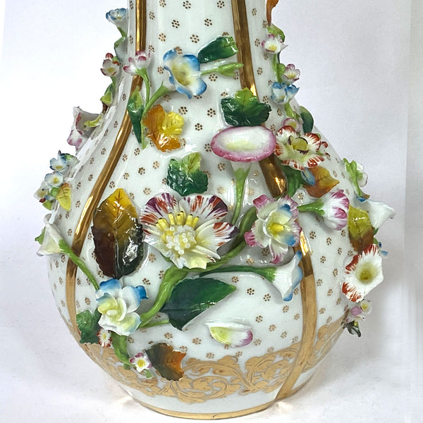 Pair of English Porcelain Floral Encrusted Bottle Vases