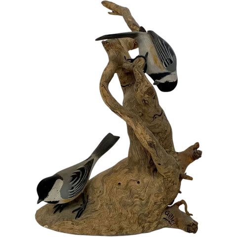 American New England WENDELL GILLEY Painted Wood Black-Capped Chickadees Carving