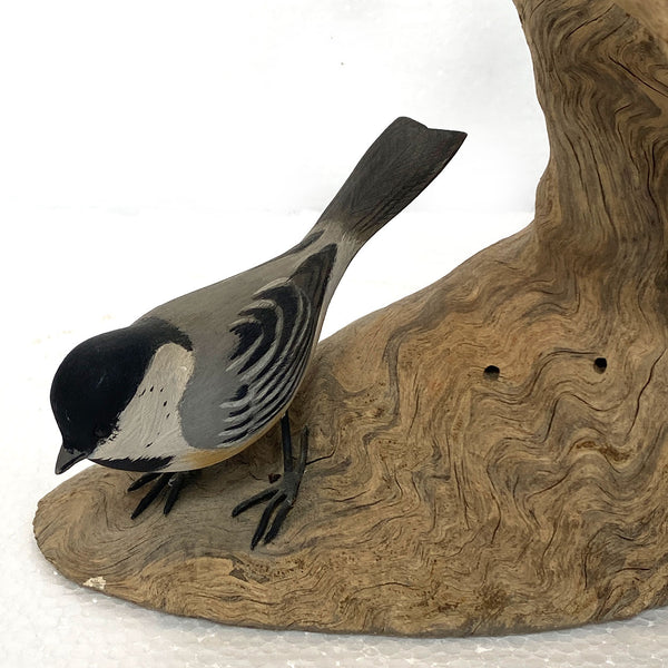 American New England WENDELL GILLEY Painted Wood Black-Capped Chickadees Carving