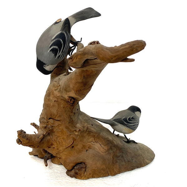 American New England WENDELL GILLEY Painted Wood Black-Capped Chickadees Carving