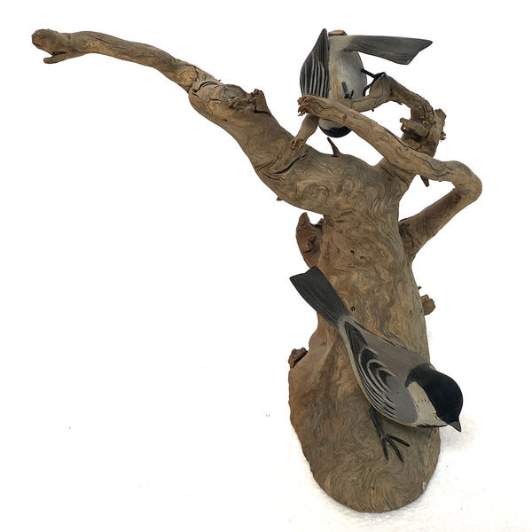 American New England WENDELL GILLEY Painted Wood Black-Capped Chickadees Carving