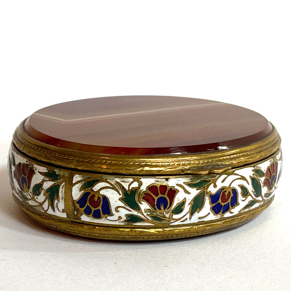 French Gilt Metal Champleve Enamel and Agate Oval Snuff / Pill Box