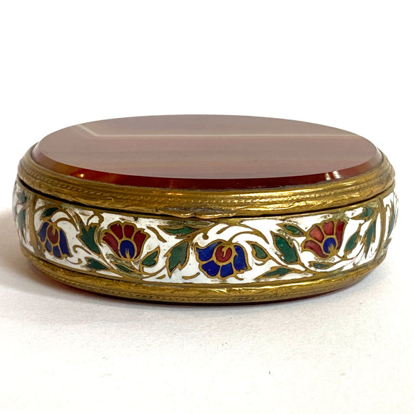 French Gilt Metal Champleve Enamel and Agate Oval Snuff / Pill Box