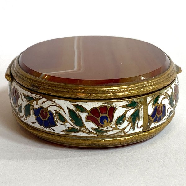 French Gilt Metal Champleve Enamel and Agate Oval Snuff / Pill Box