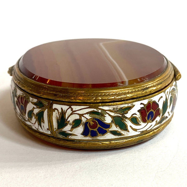 French Gilt Metal Champleve Enamel and Agate Oval Snuff / Pill Box