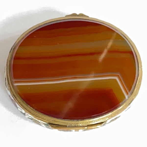 French Gilt Metal Champleve Enamel and Agate Oval Snuff / Pill Box