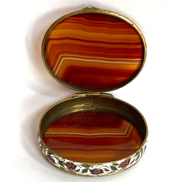 French Gilt Metal Champleve Enamel and Agate Oval Snuff / Pill Box