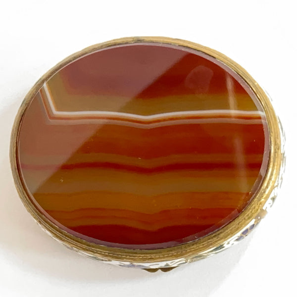 French Gilt Metal Champleve Enamel and Agate Oval Snuff / Pill Box