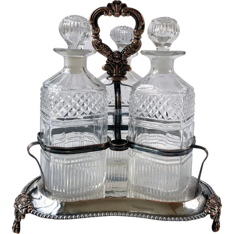 English Georgian Silverplate and Glass Three-Bottle Decanter Tantalus