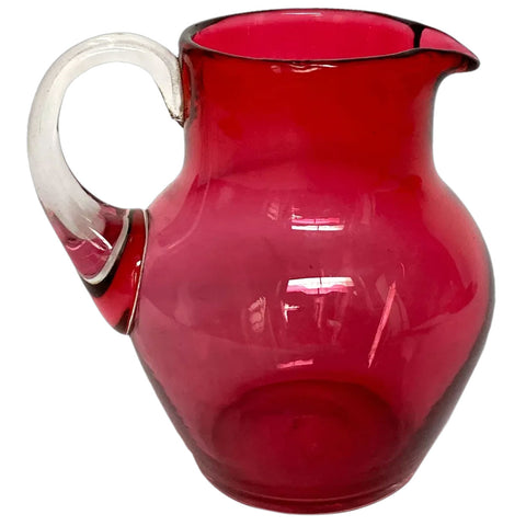 Small English Victorian Cranberry Red and Clear Glass Pitcher