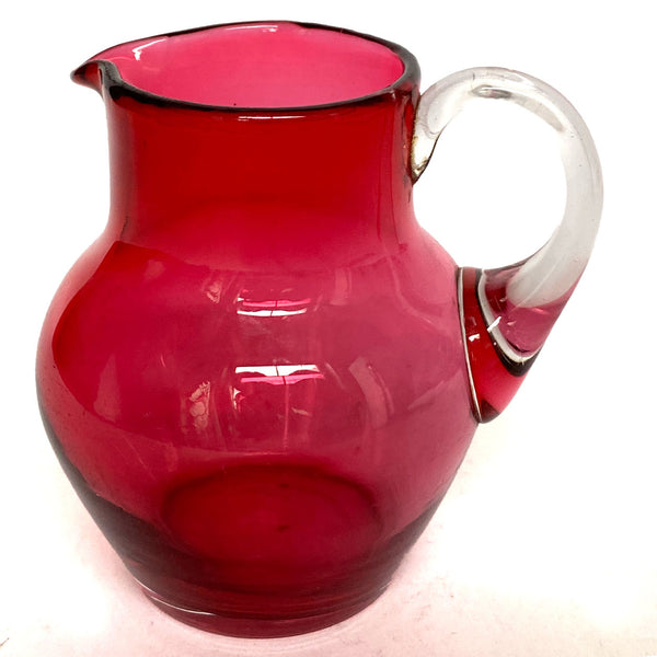 Small English Victorian Cranberry Red and Clear Glass Pitcher