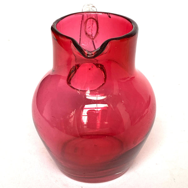 Small English Victorian Cranberry Red and Clear Glass Pitcher