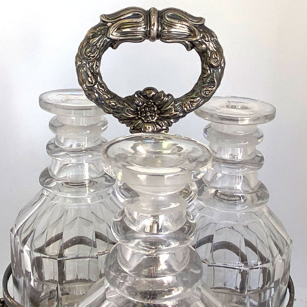 Victorian Silverplate and Cut Glass Three-Bottle Decanter Tantalus