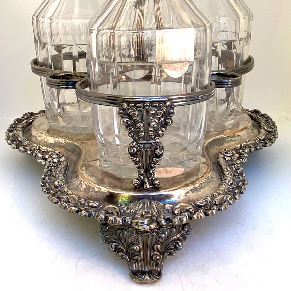 Victorian Silverplate and Cut Glass Three-Bottle Decanter Tantalus