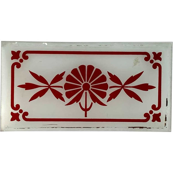 Victorian Etched Frosted White to Ruby Red Glass Rectangular Panel