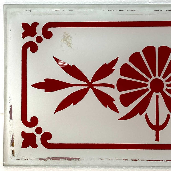 Victorian Etched Frosted White to Ruby Red Glass Rectangular Panel