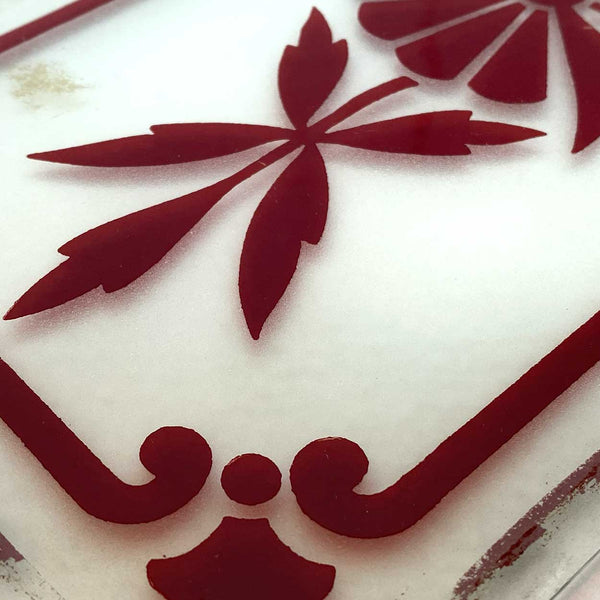 Victorian Etched Frosted White to Ruby Red Glass Rectangular Panel