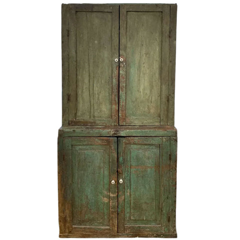 American Primitive Green Painted Walnut Stepback Cupboard