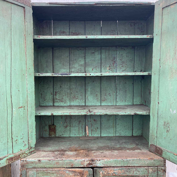 American Primitive Green Painted Walnut Stepback Cupboard