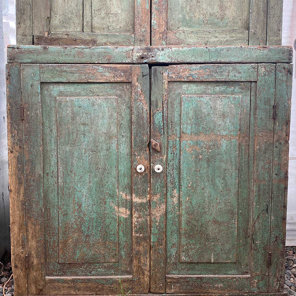 American Primitive Green Painted Walnut Stepback Cupboard
