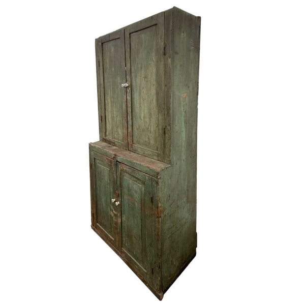 American Primitive Green Painted Walnut Stepback Cupboard